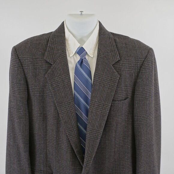 Haggar Tweed Wool‎ Brown Glen Plaid Sport Coat 42L W/ Multi-Colored Stripes - Picture 1 of 11